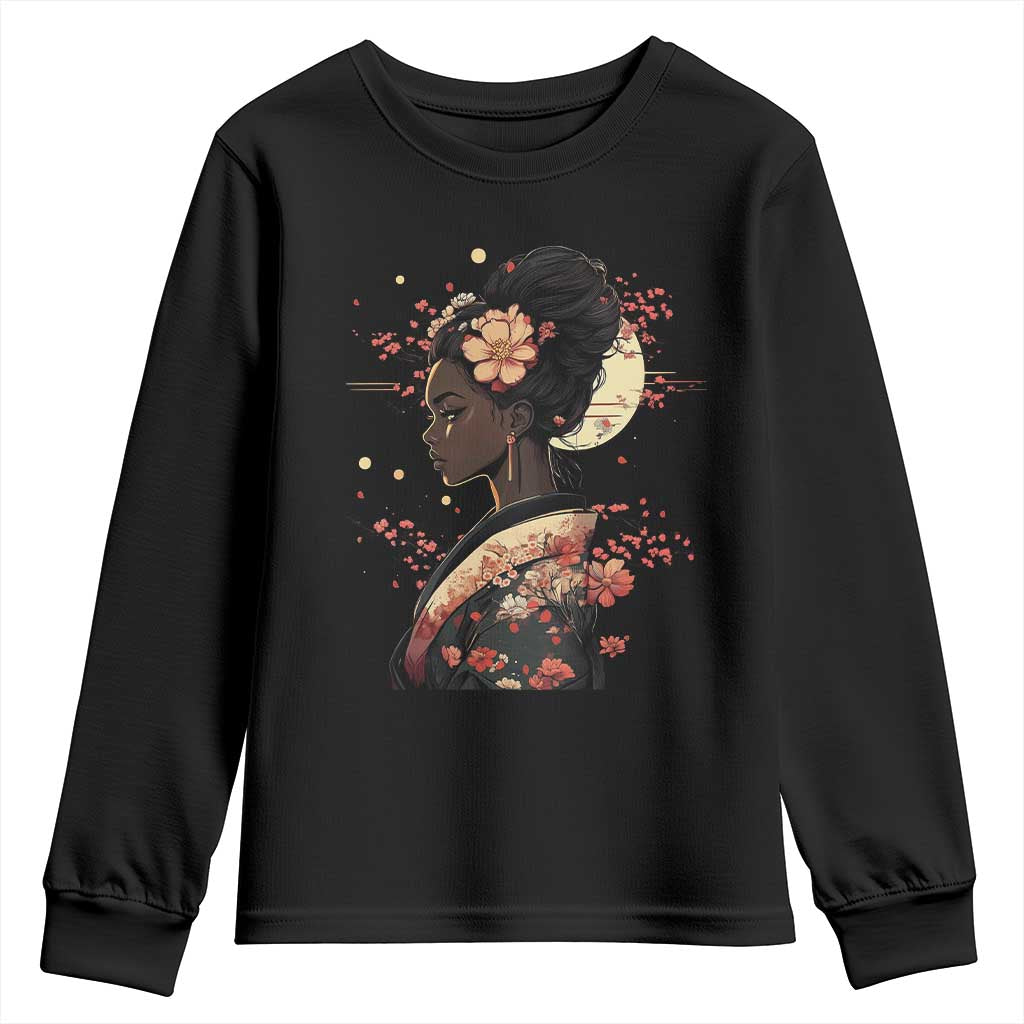 African American Geisha Kimono Blasian Japanese Sakura Youth Sweatshirt TS11 Black Print Your Wear