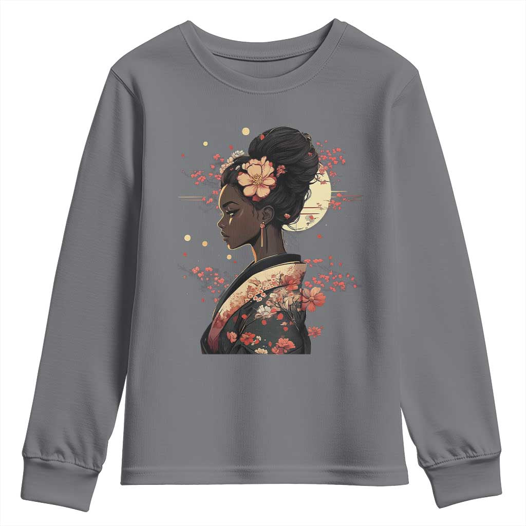 African American Geisha Kimono Blasian Japanese Sakura Youth Sweatshirt TS11 Charcoal Print Your Wear