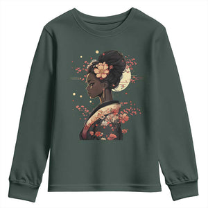 African American Geisha Kimono Blasian Japanese Sakura Youth Sweatshirt TS11 Dark Forest Green Print Your Wear