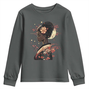 African American Geisha Kimono Blasian Japanese Sakura Youth Sweatshirt TS11 Dark Heather Print Your Wear