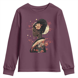 African American Geisha Kimono Blasian Japanese Sakura Youth Sweatshirt TS11 Maroon Print Your Wear