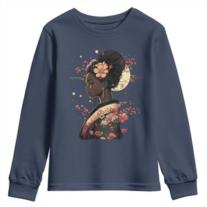 African American Geisha Kimono Blasian Japanese Sakura Youth Sweatshirt TS11 Navy Print Your Wear