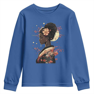 African American Geisha Kimono Blasian Japanese Sakura Youth Sweatshirt TS11 Royal Blue Print Your Wear
