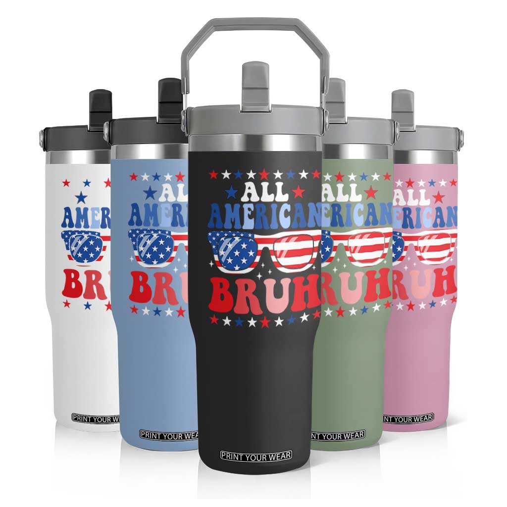 All American Bruh Patriotic 4th Of July Flip Straw Tumbler USA Flag Sunglasses Teens Kids TS10 Print Your Wear