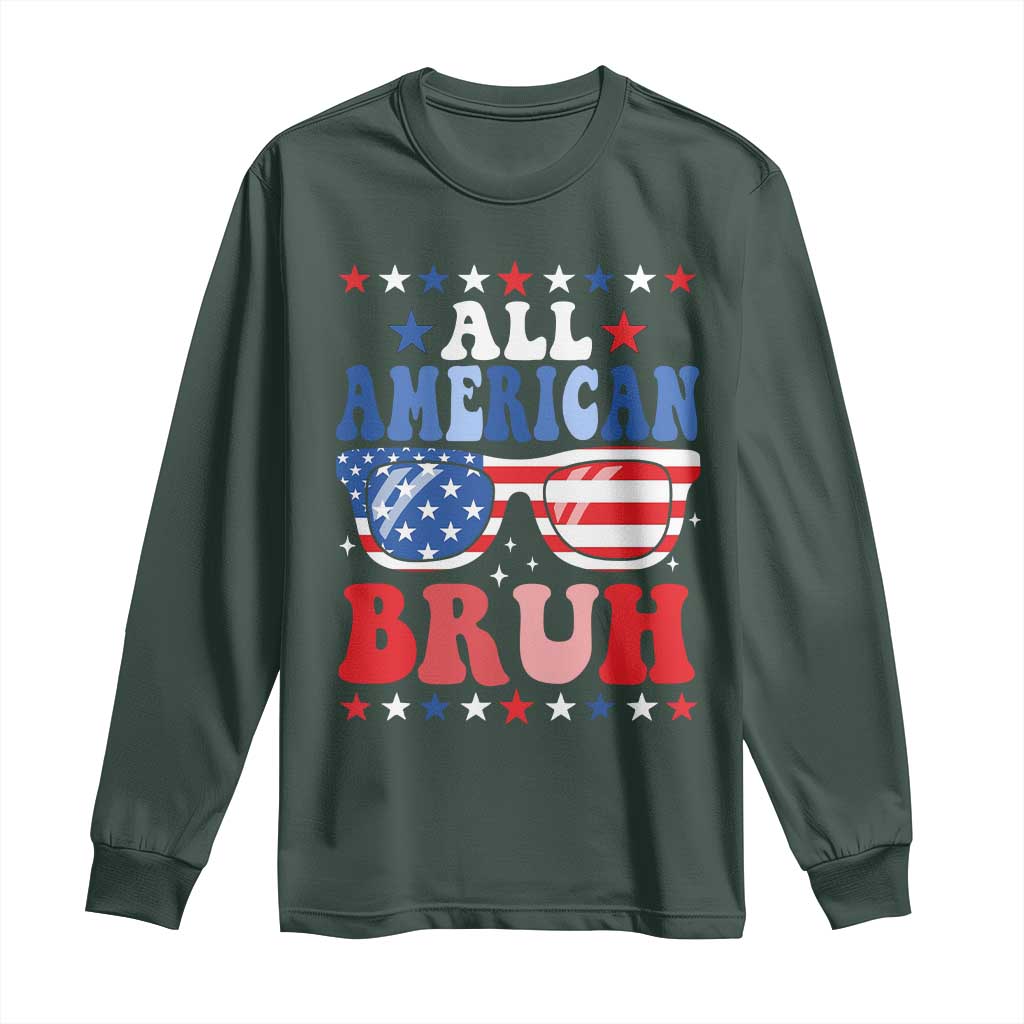 All American Bruh Patriotic 4th Of July Long Sleeve Shirt USA Flag Sunglasses Teens Kids TS10 Dark Forest Green Print Your Wear