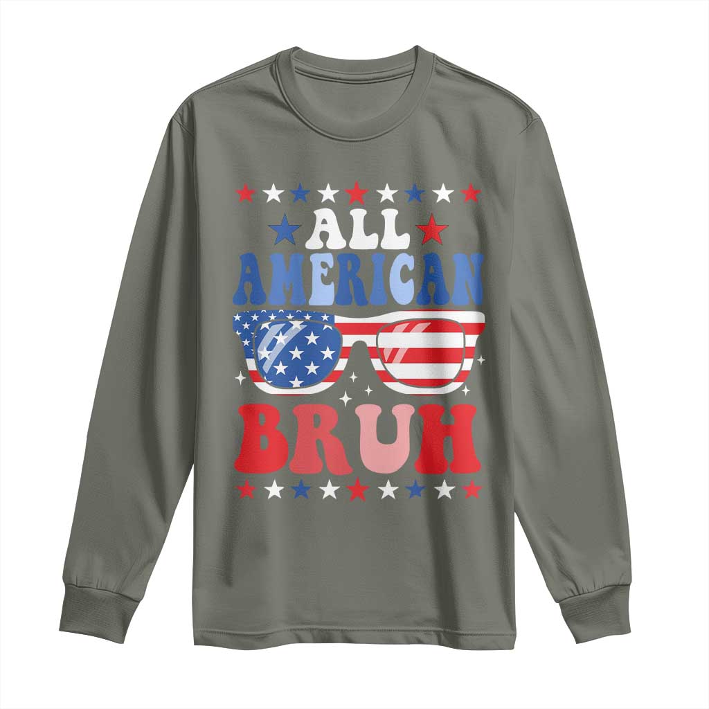 All American Bruh Patriotic 4th Of July Long Sleeve Shirt USA Flag Sunglasses Teens Kids TS10 Military Green Print Your Wear