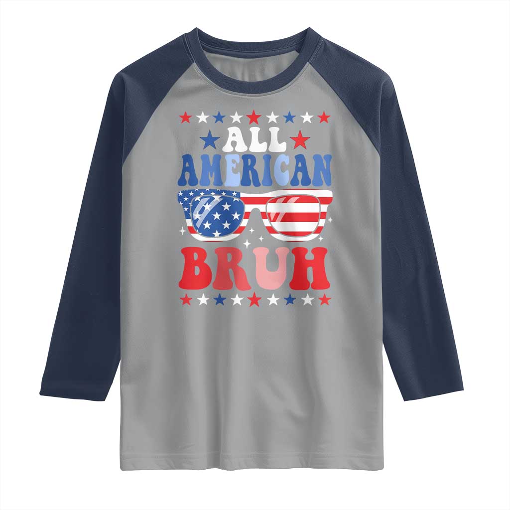 All American Bruh Patriotic 4th Of July Raglan Shirt USA Flag Sunglasses Teens Kids TS10 Sport Gray Navy Print Your Wear