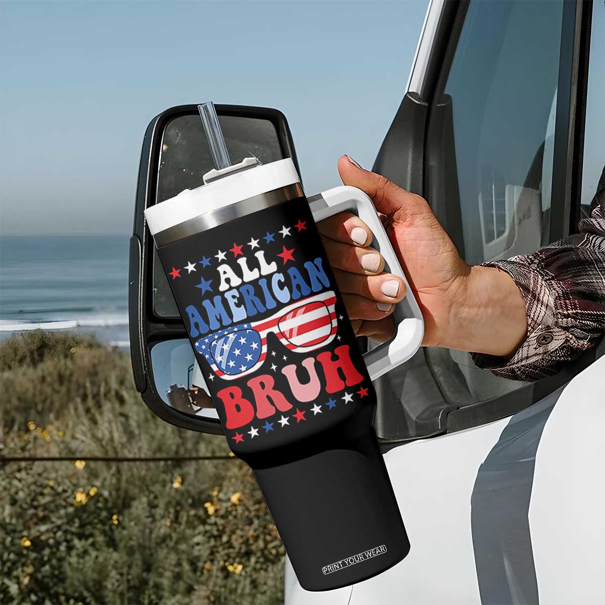 All American Bruh Patriotic 4th Of July Tumbler With Handle USA Flag Sunglasses Teens Kids TS10 Print Your Wear