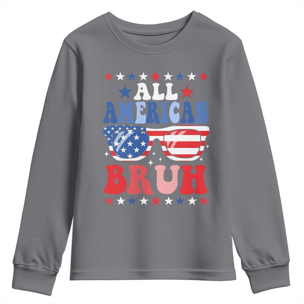 All American Bruh Patriotic 4th Of July Youth Sweatshirt USA Flag Sunglasses Teens Kids TS10 Charcoal Print Your Wear