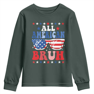 All American Bruh Patriotic 4th Of July Youth Sweatshirt USA Flag Sunglasses Teens Kids TS10 Dark Forest Green Print Your Wear