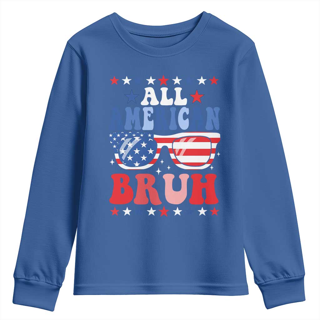 All American Bruh Patriotic 4th Of July Youth Sweatshirt USA Flag Sunglasses Teens Kids TS10 Royal Blue Print Your Wear