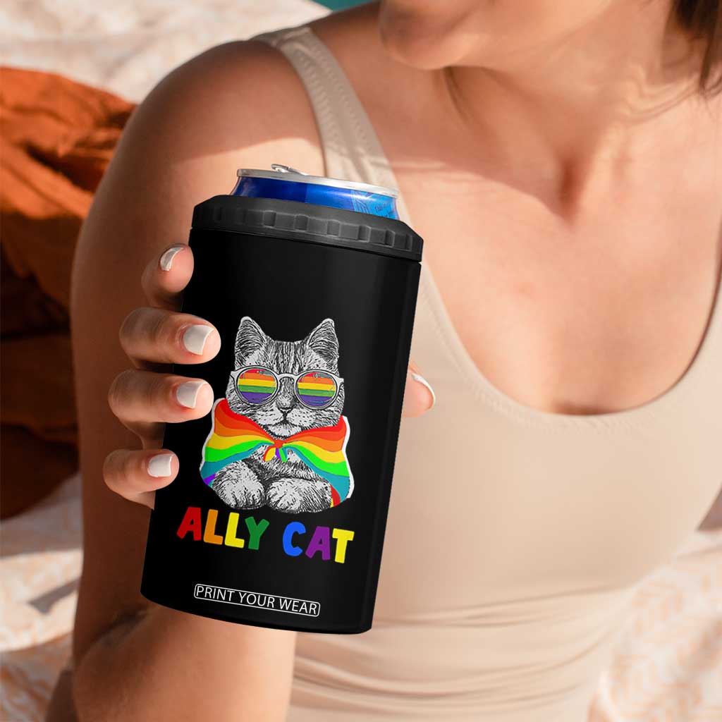 Ally Cat with Pride Cape 4 in 1 Can Cooler Tumbler Rainbow LGBTQ+ Support TS02 Print Your Wear