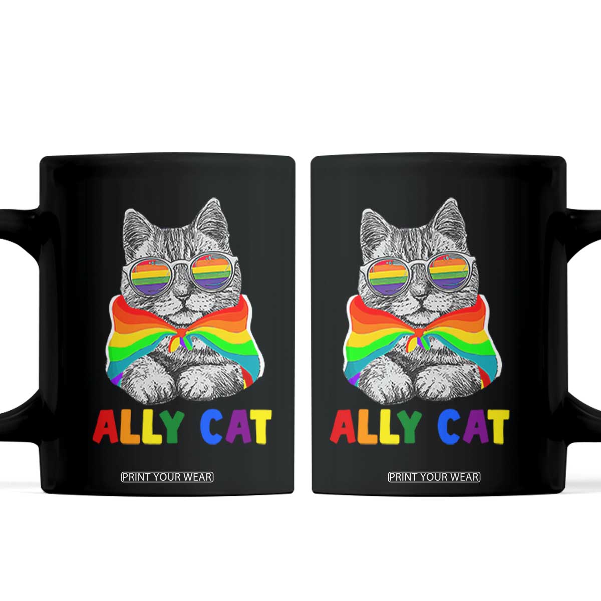 Ally Cat with Pride Cape Coffee Mug Rainbow LGBTQ+ Support TS02 Black Print Your Wear