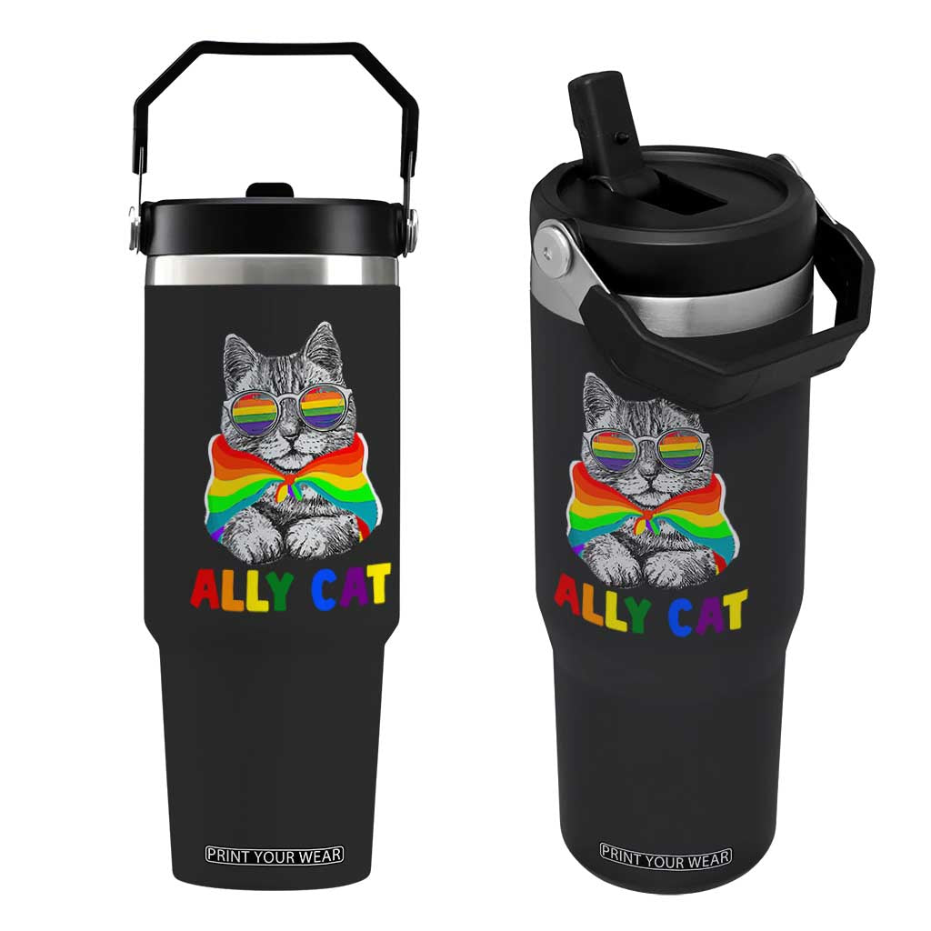 Ally Cat with Pride Cape Flip Straw Tumbler Rainbow LGBTQ+ Support TS02 One Size: 30 oz Black Print Your Wear