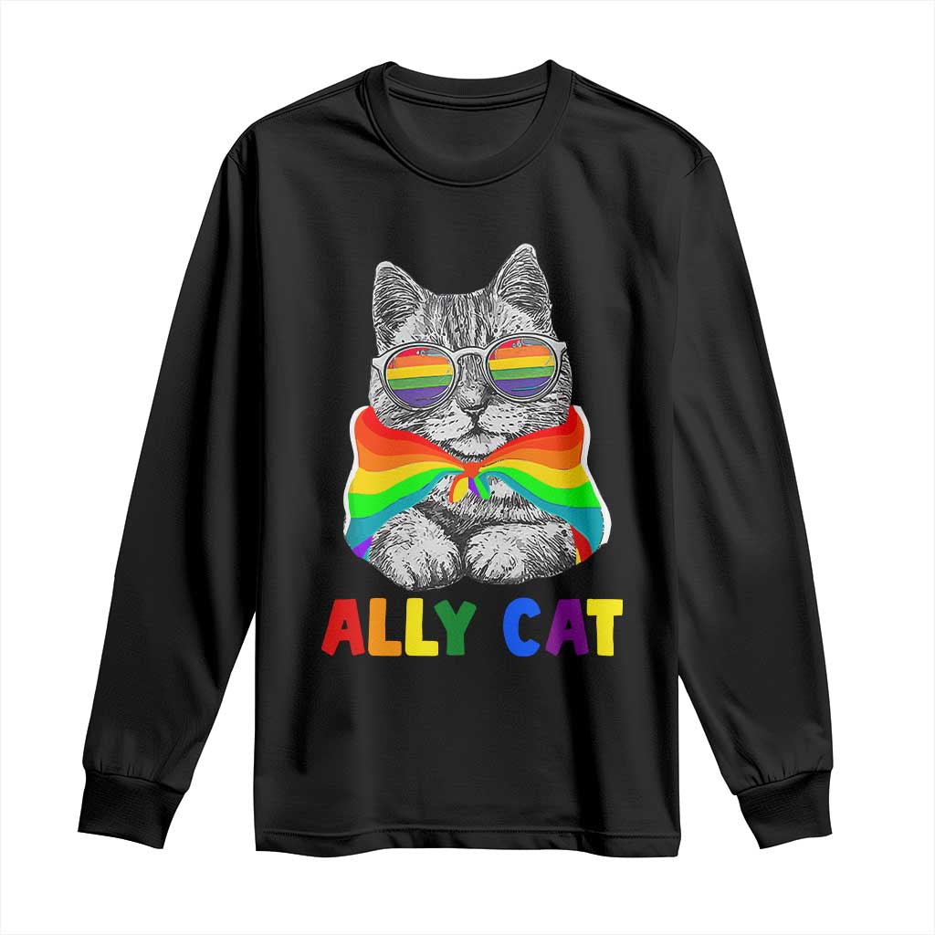 Ally Cat with Pride Cape Long Sleeve Shirt Rainbow LGBTQ+ Support TS02 Black Print Your Wear