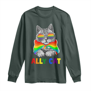 Ally Cat with Pride Cape Long Sleeve Shirt Rainbow LGBTQ+ Support TS02 Dark Forest Green Print Your Wear