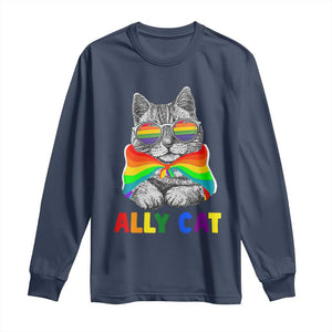 Ally Cat with Pride Cape Long Sleeve Shirt Rainbow LGBTQ+ Support TS02 Navy Print Your Wear