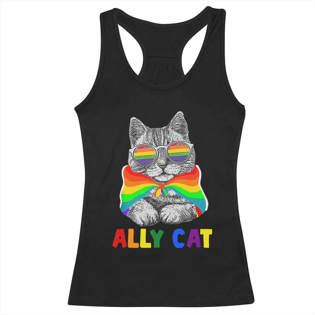 Ally Cat with Pride Cape Racerback Tank Top Rainbow LGBTQ+ Support TS02 Black Print Your Wear
