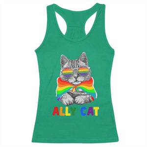 Ally Cat with Pride Cape Racerback Tank Top Rainbow LGBTQ+ Support TS02 Irish Green Print Your Wear