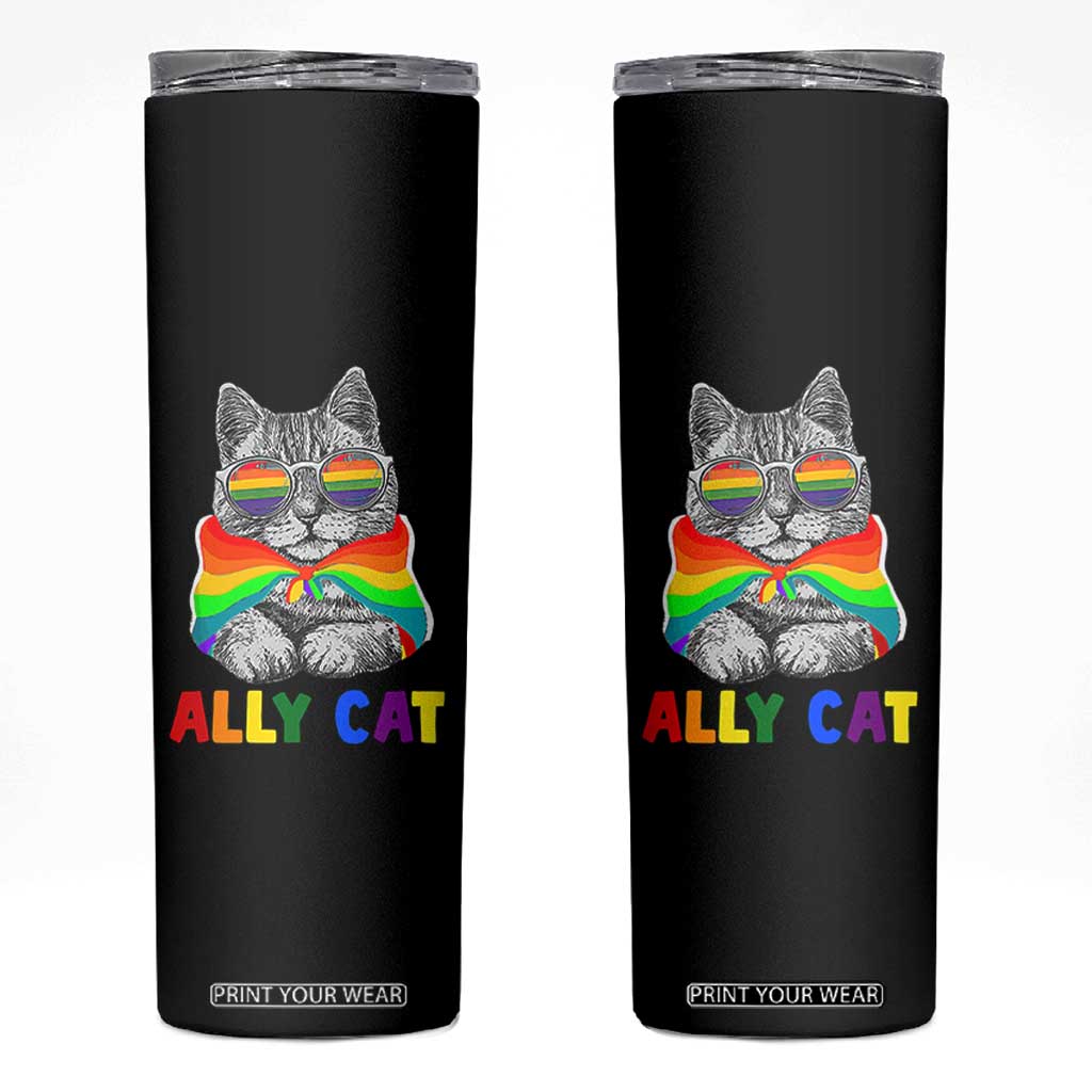 Ally Cat with Pride Cape Skinny Tumbler Rainbow LGBTQ+ Support TS02 Black Print Your Wear
