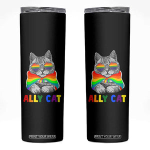 Ally Cat with Pride Cape Skinny Tumbler Rainbow LGBTQ+ Support TS02 Black Print Your Wear