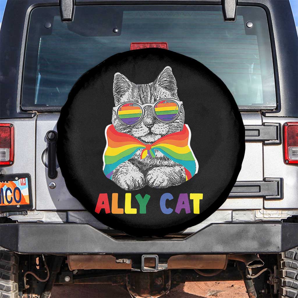 Ally Cat with Pride Cape Spare Tire Cover Rainbow LGBTQ+ Support TS02 No hole Black Print Your Wear