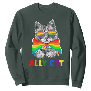 Ally Cat with Pride Cape Sweatshirt Rainbow LGBTQ+ Support TS02 Dark Forest Green Print Your Wear