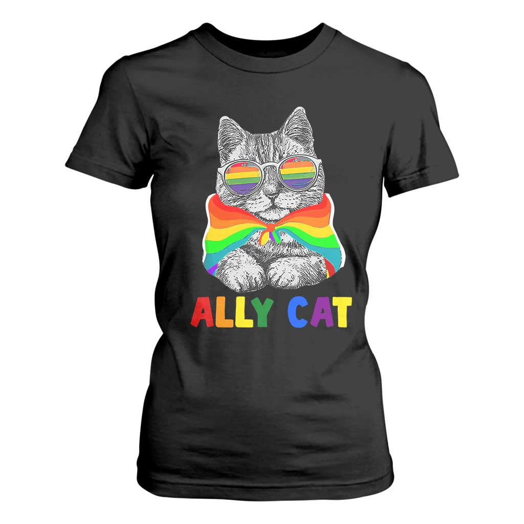 Ally Cat with Pride Cape T Shirt For Women Rainbow LGBTQ+ Support TS02 Black Print Your Wear