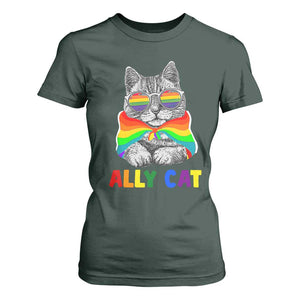 Ally Cat with Pride Cape T Shirt For Women Rainbow LGBTQ+ Support TS02 Dark Forest Green Print Your Wear