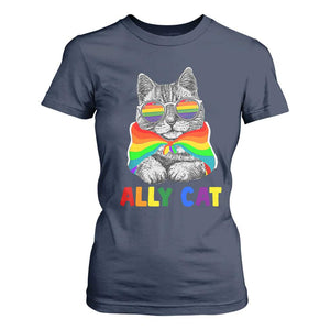 Ally Cat with Pride Cape T Shirt For Women Rainbow LGBTQ+ Support TS02 Navy Print Your Wear