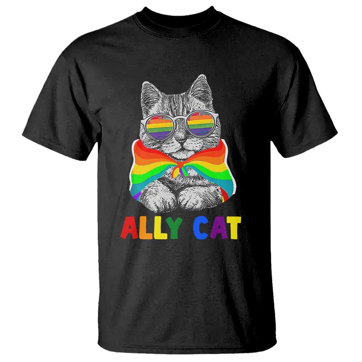 Ally Cat with Pride Cape T Shirt Rainbow LGBTQ+ Support TS02 Black Print Your Wear