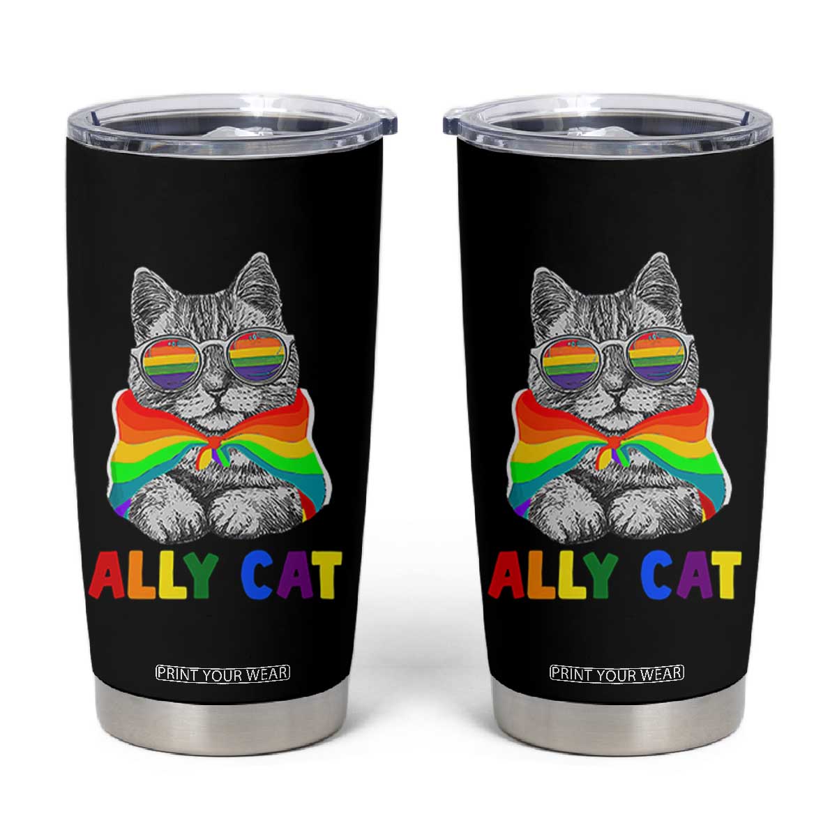 Ally Cat with Pride Cape Tumbler Cup Rainbow LGBTQ+ Support TS02 Black Print Your Wear