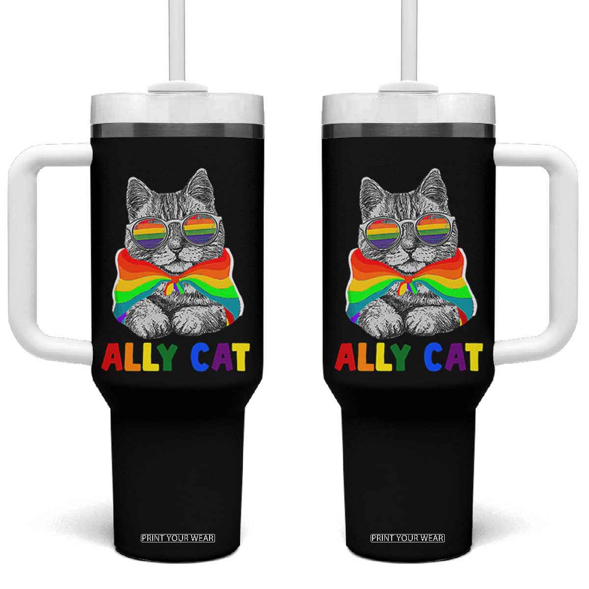 Ally Cat with Pride Cape Tumbler With Handle Rainbow LGBTQ+ Support TS02 One Size: 40 oz Black Print Your Wear