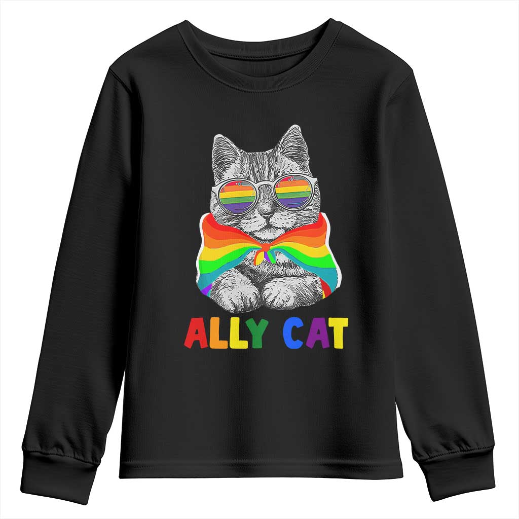 Ally Cat with Pride Cape Youth Sweatshirt Rainbow LGBTQ+ Support TS02 Black Print Your Wear