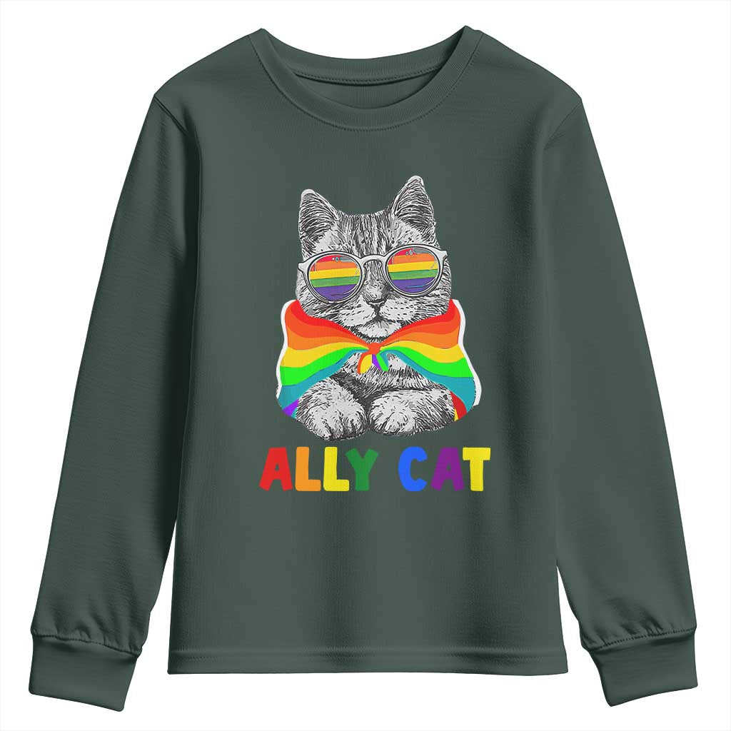 Ally Cat with Pride Cape Youth Sweatshirt Rainbow LGBTQ+ Support TS02 Dark Forest Green Print Your Wear