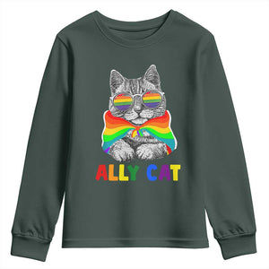 Ally Cat with Pride Cape Youth Sweatshirt Rainbow LGBTQ+ Support TS02 Dark Forest Green Print Your Wear