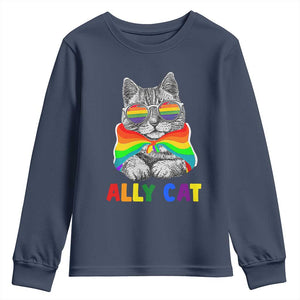 Ally Cat with Pride Cape Youth Sweatshirt Rainbow LGBTQ+ Support TS02 Navy Print Your Wear