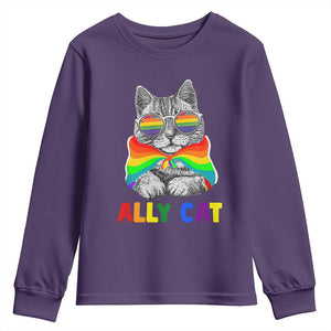 Ally Cat with Pride Cape Youth Sweatshirt Rainbow LGBTQ+ Support TS02 Purple Print Your Wear