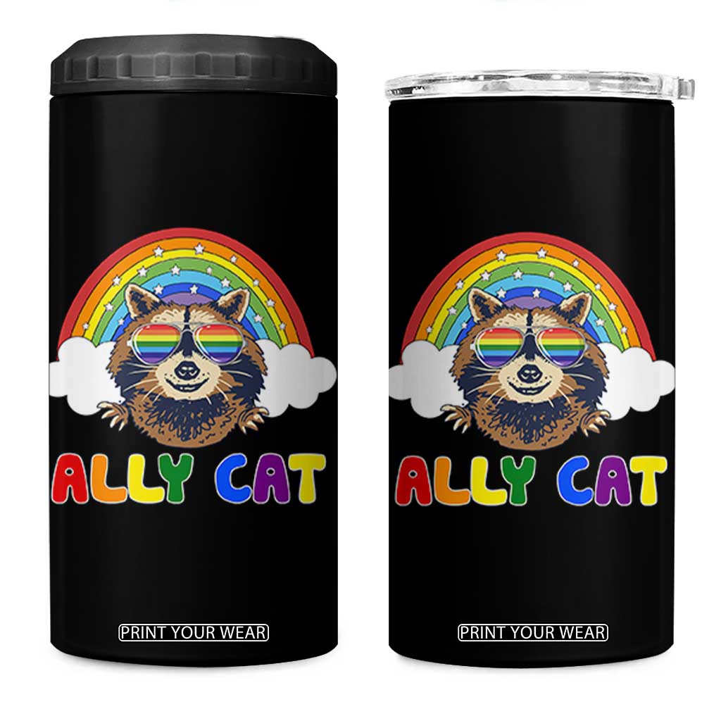 Ally Street Cat Rainbow Raccoon 4 in 1 Can Cooler Tumbler Funny LGBTQ+ Pride Support TS02 One Size: 16 oz Black Print Your Wear