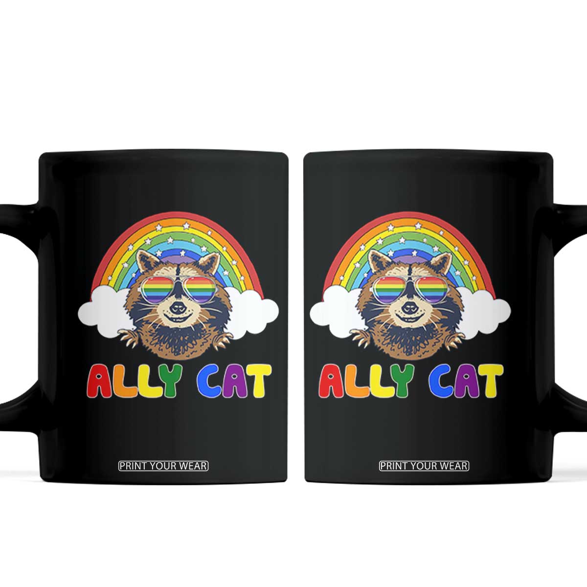 Ally Street Cat Rainbow Raccoon Coffee Mug Funny LGBTQ+ Pride Support TS02 Black Print Your Wear