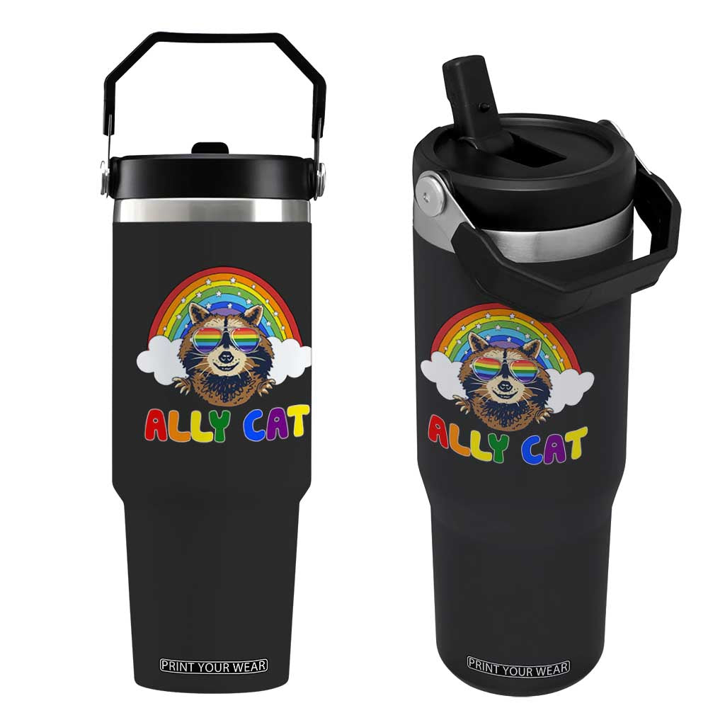 Ally Street Cat Rainbow Raccoon Flip Straw Tumbler Funny LGBTQ+ Pride Support TS02 One Size: 30 oz Black Print Your Wear