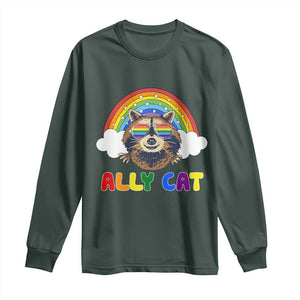 Ally Street Cat Rainbow Raccoon Long Sleeve Shirt Funny LGBTQ+ Pride Support TS02 Dark Forest Green Print Your Wear