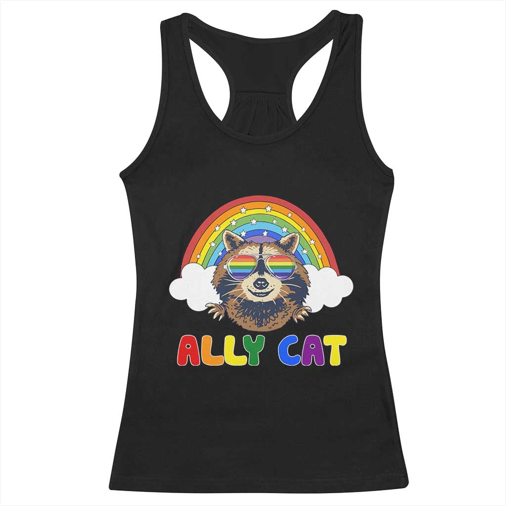 Ally Street Cat Rainbow Raccoon Racerback Tank Top Funny LGBTQ+ Pride Support TS02 Black Print Your Wear
