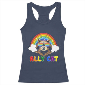 Ally Street Cat Rainbow Raccoon Racerback Tank Top Funny LGBTQ+ Pride Support TS02 Navy Print Your Wear