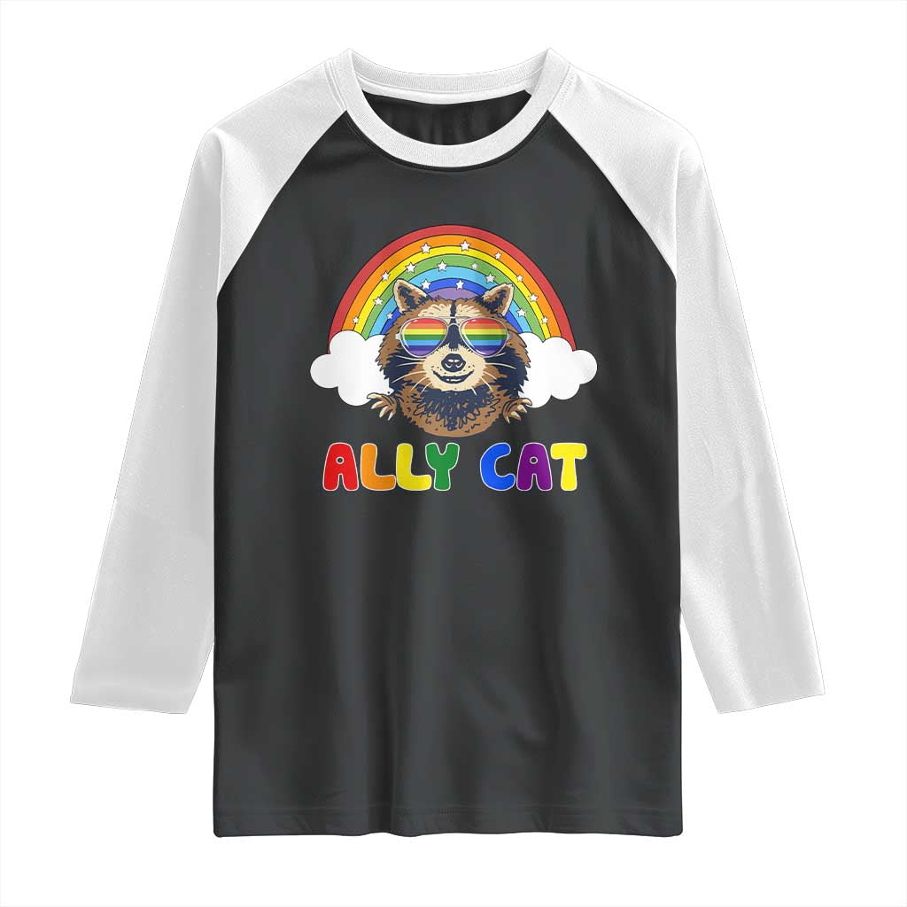 Ally Street Cat Rainbow Raccoon Raglan Shirt Funny LGBTQ+ Pride Support TS02 Black White Print Your Wear