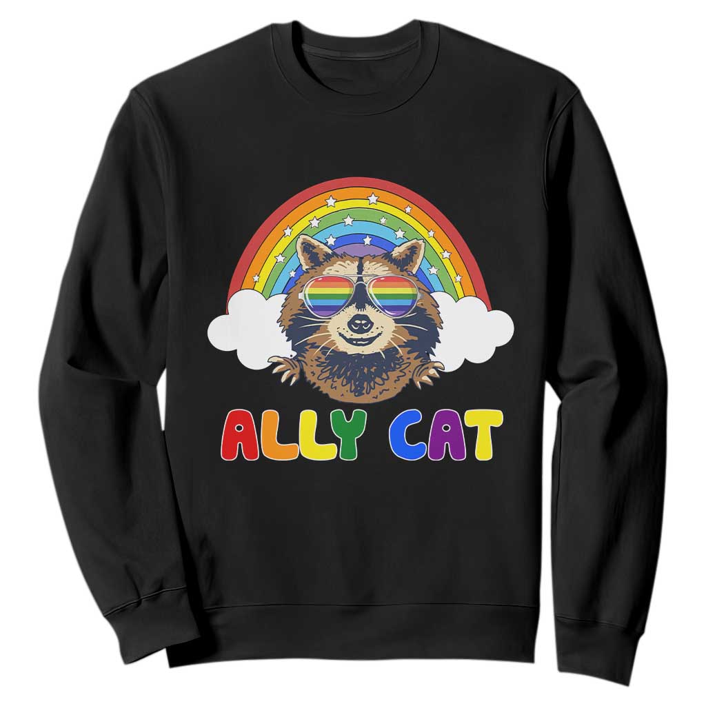 Ally Street Cat Rainbow Raccoon Sweatshirt Funny LGBTQ+ Pride Support TS02 Black Print Your Wear