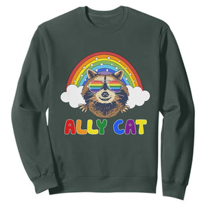 Ally Street Cat Rainbow Raccoon Sweatshirt Funny LGBTQ+ Pride Support TS02 Dark Forest Green Print Your Wear