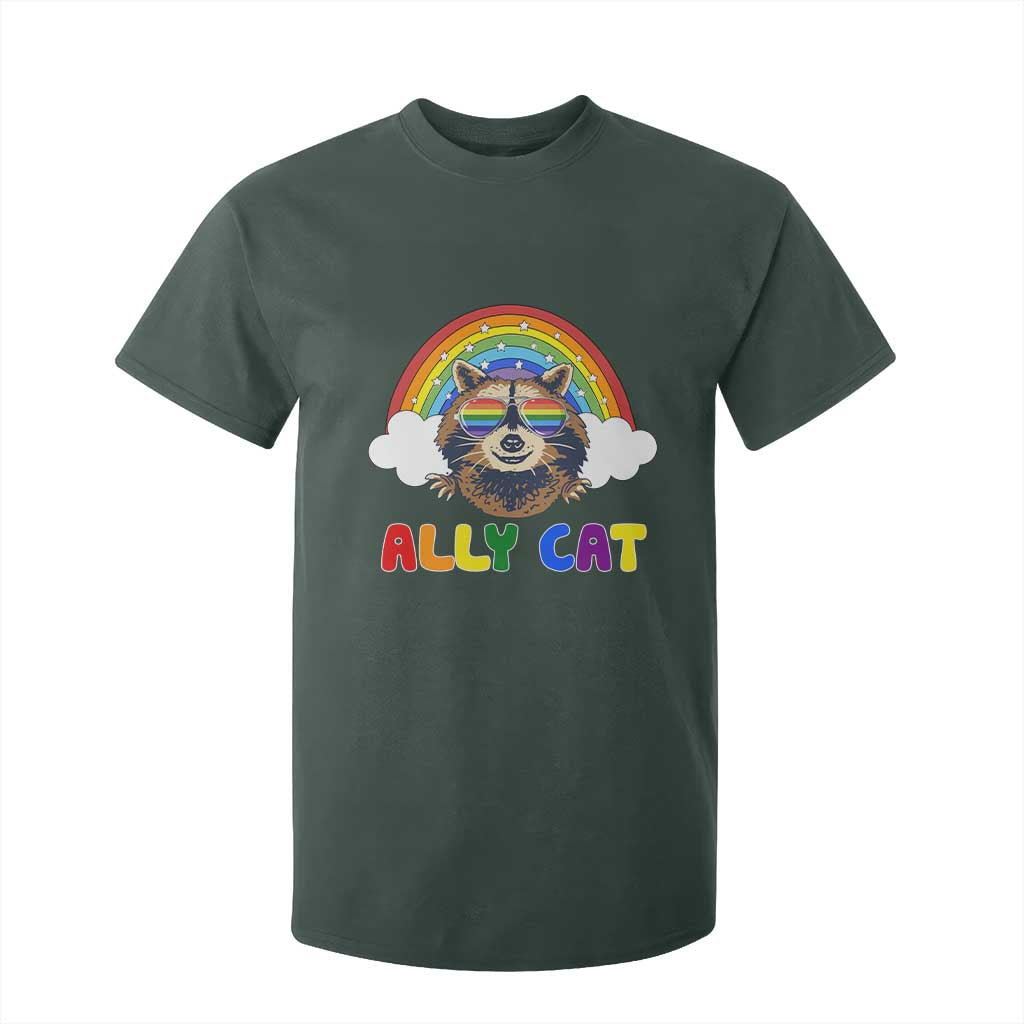 Ally Street Cat Rainbow Raccoon T Shirt For Kid Funny LGBTQ+ Pride Support TS02 Dark Forest Green Print Your Wear