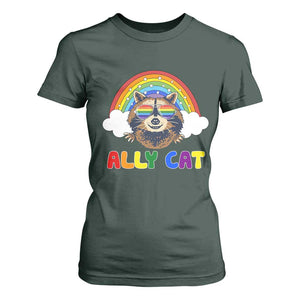 Ally Street Cat Rainbow Raccoon T Shirt For Women Funny LGBTQ+ Pride Support TS02 Dark Forest Green Print Your Wear