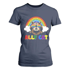 Ally Street Cat Rainbow Raccoon T Shirt For Women Funny LGBTQ+ Pride Support TS02 Navy Print Your Wear